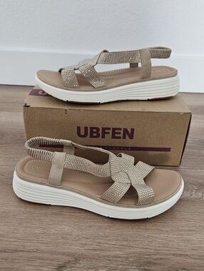 UBFEN Beige Sparkly Rhinestone Platform Slingback Sandals Size 10